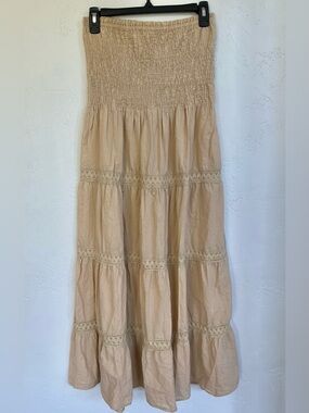 MPH Collection Strapless Beige Tiered Maxi Dress with Smocked Bust